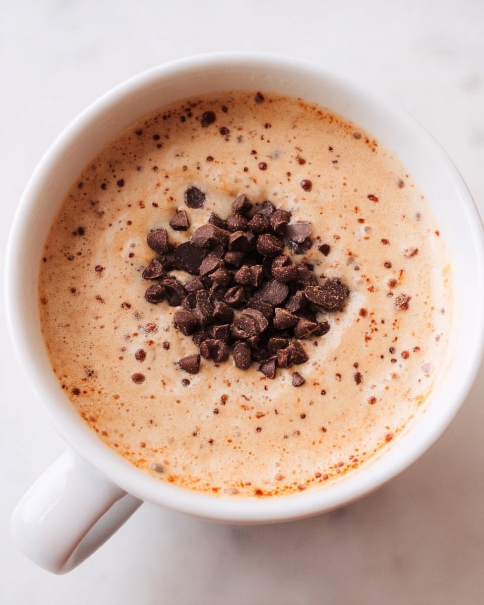 A white cup filled with a creamy light brown drink that has tiny specks of darker brown throughout. On top in the middle, there is a small pile of dark brown chocolate chips clustered together. The cup is placed on a white marbled surface with a clean and bright look. photo taken with an iphone --ar 4:5 --v 7