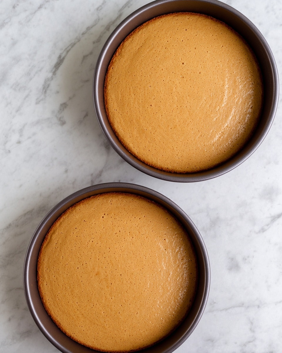 Two round baking pans filled with smooth, even layers of light brown cake batter. Each pan holds one layer, with a slightly shiny and soft texture covering the entire surface. The batter is uniform in color with small air bubbles scattered lightly across the top. The pans are dark gray, placed side by side on a white marbled surface. photo taken with an iphone --ar 4:5 --v 7