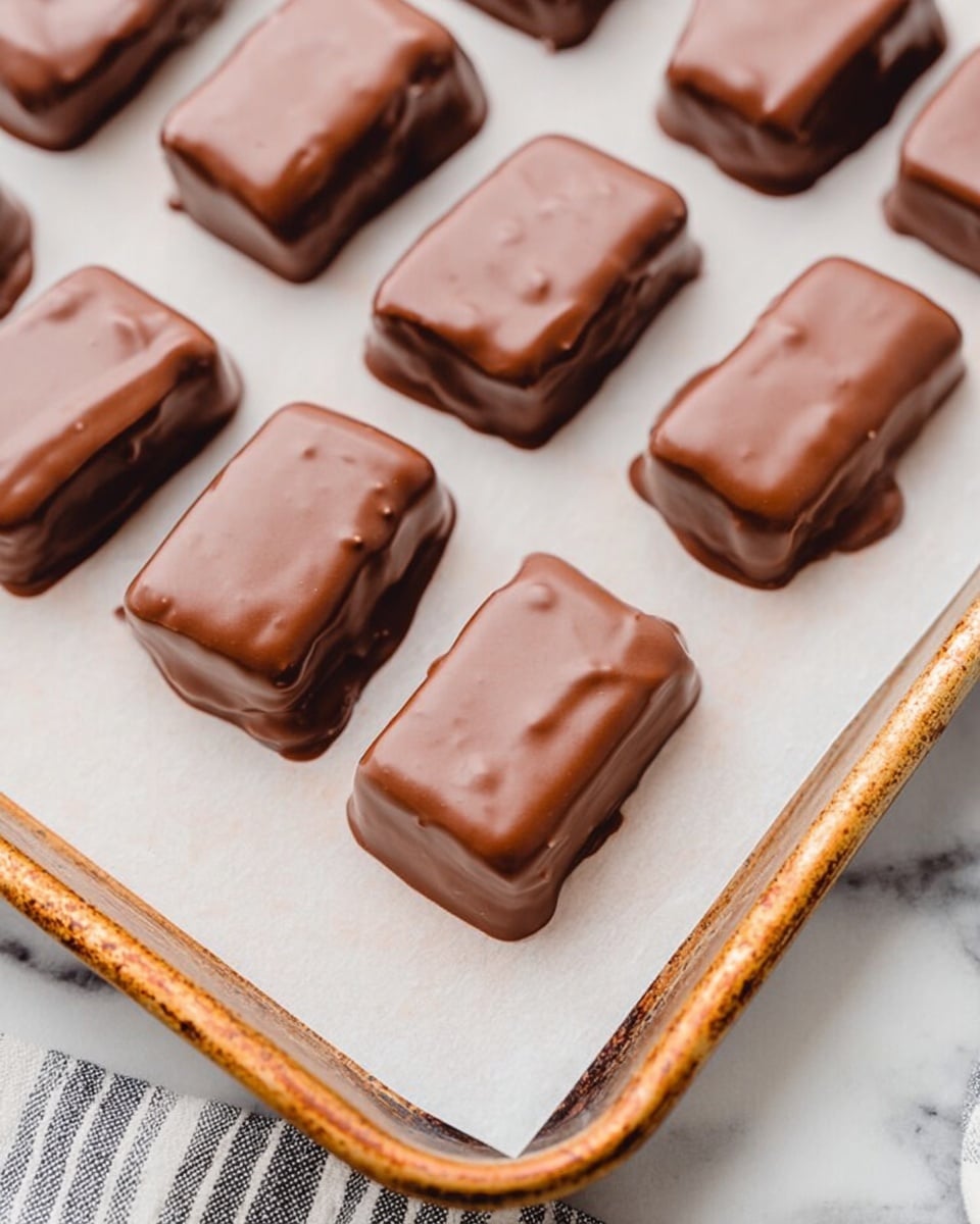 The image shows several small rectangular pieces coated in shiny, smooth milk chocolate. They are arranged neatly in rows on white parchment paper, which covers an old-looking baking tray with some rust marks on the edges. The chocolate coating looks thick and slightly glossy, with some pieces showing a bit of unevenness on the surface. The background features a white marbled texture beneath the tray and a striped cloth partially visible at the bottom edge. photo taken with an iphone --ar 4:5 --v 7