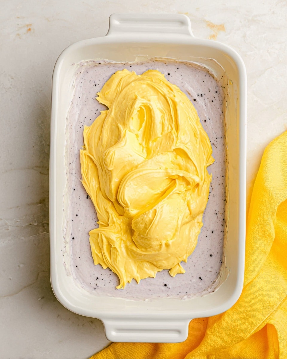 A white rectangular baking dish holds two layers of different textures and colors. The bottom layer is a smooth, light purple creamy spread with small dark specks evenly mixed throughout, covering the base of the dish. On top of this, a thick, bright yellow custard-like mixture is dolloped roughly in the center, showing folds and swirls with a soft and creamy texture. The dish is placed on a surface with a white marbled texture, and a bright yellow cloth is visible at the bottom right corner. Photo taken with an iphone --ar 4:5 --v 7