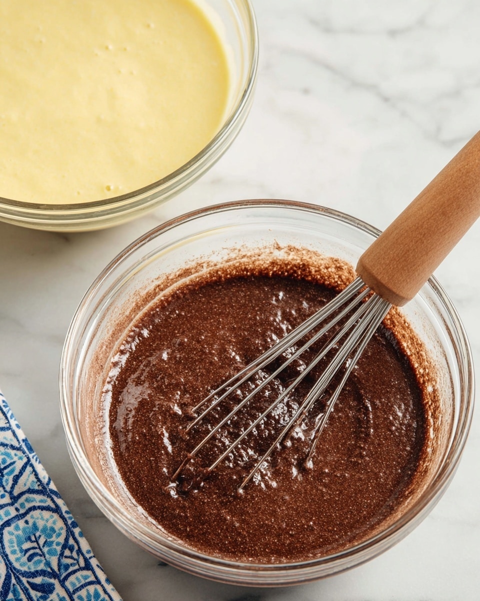 The image shows two glass bowls with batter placed on a white marbled surface. The bowl in the foreground holds a thick, dark brown chocolate batter with a slightly grainy texture, and a whisk with a wooden handle is resting in it. The bowl in the background contains a smooth, light yellow batter, showing a creamy and even texture. Both bowls are clear and round, allowing the colors and textures of the batters to be clearly visible. A small part of a blue and white patterned cloth is visible in the lower right corner of the image. photo taken with an iphone --ar 4:5 --v 7