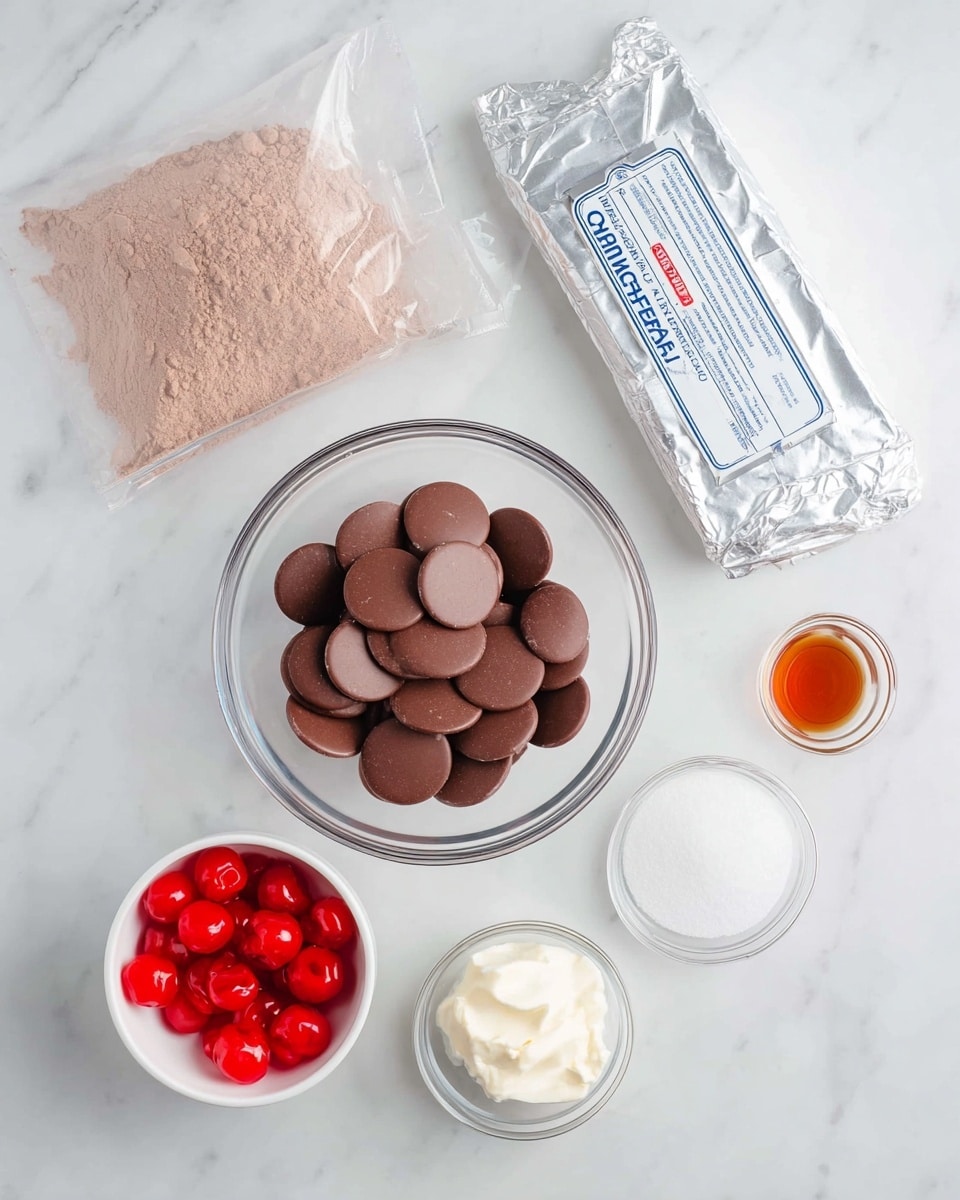 The image shows six ingredient containers arranged on a white marbled surface. In the center is a clear glass bowl filled with smooth, round milk chocolate discs stacked loosely. Above this bowl, there is a silver foil-wrapped block of cream cheese with blue text on it. To the top left, a clear plastic bag contains light brown cocoa powder. To the right of the foil block, a small white bowl holds a dark amber liquid. Above this bowl, a small clear glass bowl contains white granulated sugar. To the bottom left, a white bowl is filled with bright red maraschino cherries, and near it, a small clear glass bowl holds a dollop of white shortening. photo taken with an iphone --ar 4:5 --v 7