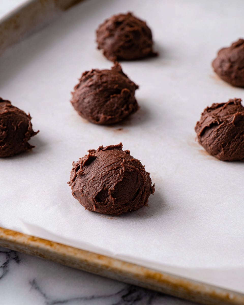 Several small mounds of dark brown chocolate dough with rough, textured surfaces are placed on a sheet of white parchment paper. Each mound is spaced evenly and has a slightly uneven shape, showing peaks and ridges from being scooped. The parchment paper rests on a baking sheet with a slightly worn edge, and the background is a white marbled surface. The lighting is soft, highlighting the matte texture of the dough without strong shadows. photo taken with an iphone --ar 4:5 --v 7