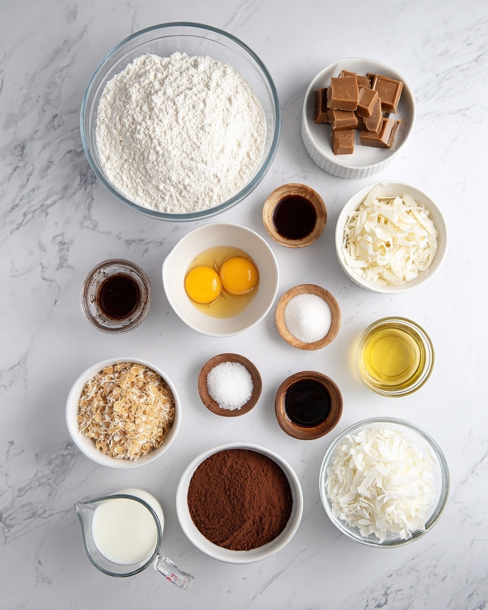 A white marbled surface holds a neat arrangement of ingredients in white bowls and clear glass containers. In the center is a clear glass bowl filled with white flour. Above it, a small white ramekin holds rich dark chocolate. To the right, a glass bowl contains light brown caramel squares. Directly below the caramel are three small wooden bowls with white, salt, and another white powder. To the left of the flour, a small white bowl of dark vanilla extract sits above a white bowl holding two raw eggs with bright yellow yolks. Below that is a white bowl filled with light brown toasted coconut flakes. On the far bottom left, a clear glass measuring cup contains white cream. Opposite it, at the bottom right, a white bowl is filled with shredded white coconut. To the right of the eggs and beneath the caramel is a white bowl with cocoa powder, and beside it a small white bowl with a yellow liquid, likely oil. Everything is placed neatly on the white marbled surface, photo taken with an iphone --ar 4:5 --v 7