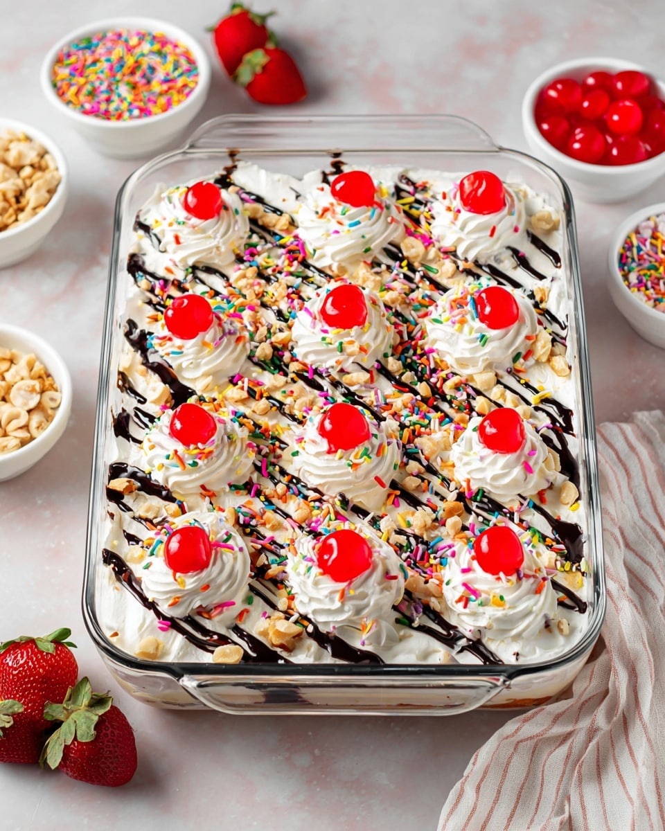 A clear rectangular glass dish filled with a layered dessert, topped with a thick layer of white whipped cream spread evenly across the surface. On top of the cream are nine swirls of whipped cream arranged in a 3x3 grid, each topped with a bright red cherry. The dessert is decorated with colorful rainbow sprinkles and chopped nuts scattered all over, and drizzles of dark chocolate syrup creating a crisscross pattern. The dish is placed on a light-colored surface with white bowls of extra toppings nearby, including more cherries, sprinkles, and chopped nuts, along with two fresh strawberries. Photo taken with an iphone --ar 4:5 --v 7