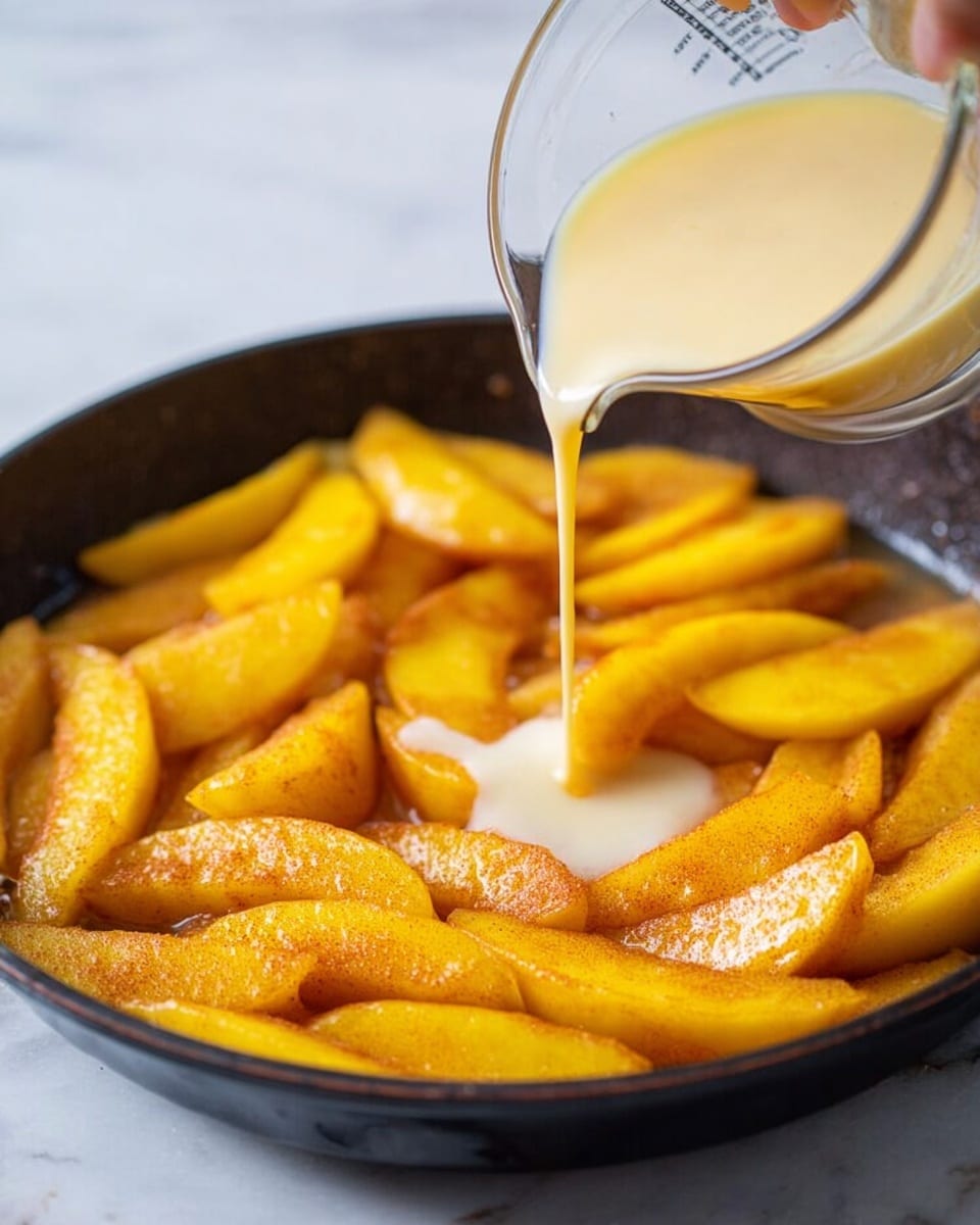 A close-up shows a black pan filled with bright yellow-orange apple slices coated in cinnamon and sugar. A woman's hand is pouring a creamy pale yellow sauce from a clear glass measuring cup onto the apple slices. The pan rests on a white marbled surface. The apples are juicy and shiny, sitting in a thin syrup layer inside the pan. Photo taken with an iphone --ar 4:5 --v 7