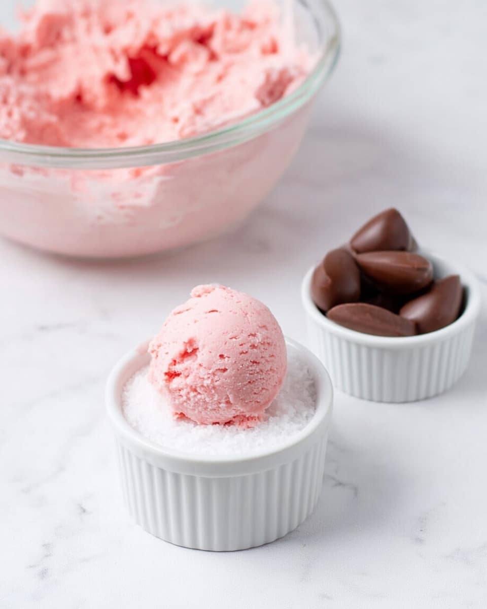 The image shows a small white ramekin filled with white granulated sugar, topped with one small pink ice cream scoop that has a smooth texture and some small bits within it. Behind this ramekin, there is a larger clear glass bowl filled with pink ice cream with a creamy, slightly chunky texture. To the right of the large bowl, there is another small white ramekin containing several smooth, dark brown chocolate pieces. The entire setup is placed on a white marbled surface, creating a clean and bright background. Photo taken with an iphone --ar 4:5 --v 7