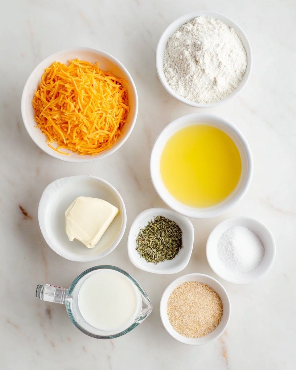 This image shows seven small white bowls and a measuring cup arranged on a white marbled surface. The largest bowl contains bright orange shredded cheese, placed in the bottom left. Above it is a bowl filled with white flour. To the right of the flour bowl is a bowl of yellow melted butter. Below the melted butter bowl is a measuring cup filled with white milk. Below the milk cup is a small bowl with green dried herbs. To the right of the herbs is a bowl with light brown granules, and above that is a small bowl with white powder, likely baking powder and salt. Photo taken with an iphone --ar 4:5 --v 7