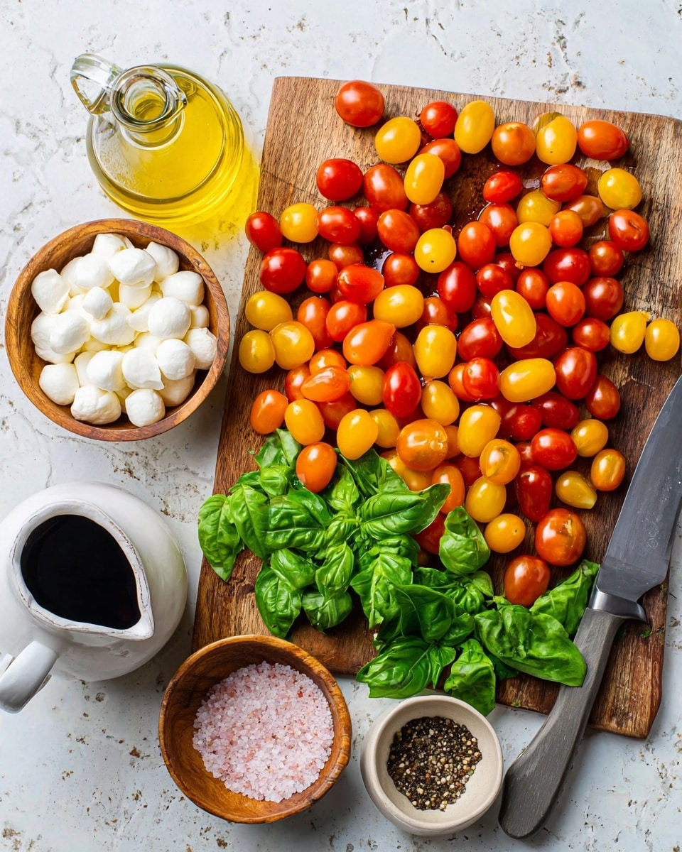 A wooden board covered with a colorful mix of small tomatoes in red, orange, and yellow shades, scattered alongside fresh green basil leaves. On the left side, a wooden bowl holds small white mozzarella balls, next to a clear glass bottle filled with golden olive oil. Below, a small white ceramic jug contains dark balsamic vinegar, and a small wooden bowl holds a mix of pink salt and black pepper. A knife with a gray handle lies between the mozzarella bowl and the tomatoes. The surface underneath is a white marbled texture photo taken with an iphone --ar 4:5 --v 7