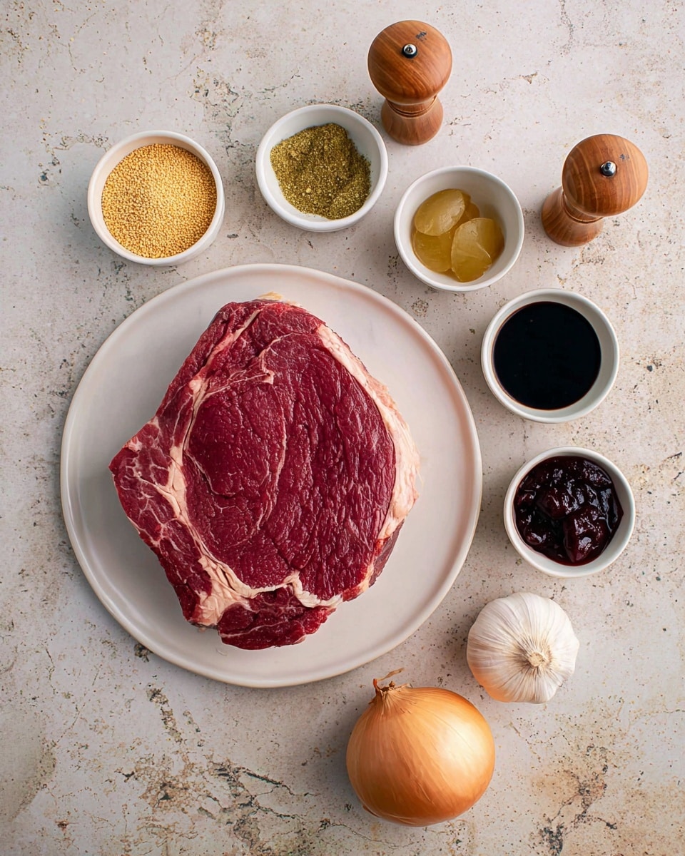 A large raw piece of red meat with white fat marbling lies centered on a round white plate. Surrounding it on a white marbled surface are six small white bowls and two wooden salt and pepper shakers; the bowls contain yellowish breadcrumbs, a greenish powdered spice with salt, dark soy sauce, brown sugar, and dark red fruit jam or sauce. A whole garlic bulb and a peeled round yellow onion sit near the bottom right. The scene is clean and well arranged, showing all ingredients for a savory dish. Photo taken with an iphone --ar 4:5 --v 7