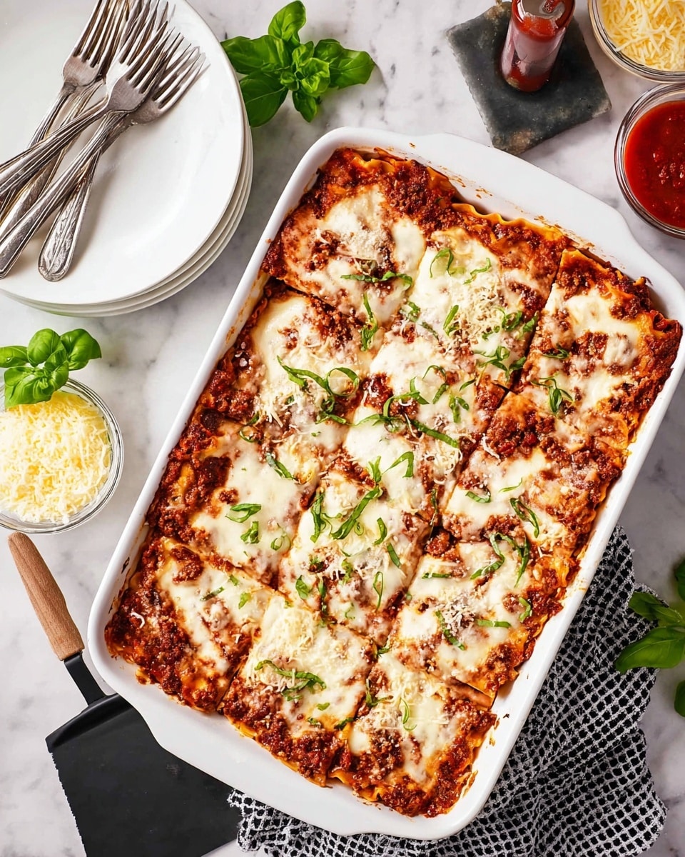 A white rectangular baking dish holds a thick lasagna cut into nine square pieces, each showing layers of gooey melted white cheese on top, rich dark red meat sauce beneath, and thin golden pasta sheets in between. The cheese layer is bubbly with some browned spots, sprinkled lightly with shredded cheese and green basil strips. The dish sits on a white marbled surface with fresh green basil leaves nearby, a black and white cloth under the dish, a black plastic spatula on the side, stacks of white plates with three silver forks on top, and small white bowls filled with shredded cheese and red sauce behind the baking dish. Photo taken with an iphone --ar 4:5 --v 7