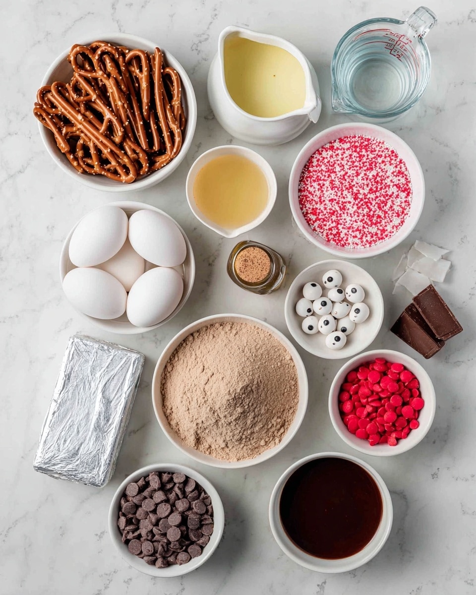 A top-down view on a set of baking ingredients arranged neatly on a white marbled surface in white bowls and containers. Starting from the top left, there is a white bowl filled with brown pretzel sticks, next to it a small white pitcher with a pale yellow liquid, followed by a clear glass measuring cup with water. Below, a white bowl holds three white eggs, to its right is a small white bowl filled with pink, red, and white round sprinkles, while below that is another small white bowl with small white candy eyes with black pupils. In the center, a white bowl holds a pile of light brown cocoa powder or cake mix. To the left of it is a block of wrapped butter in silver foil, below which is a small glass bottle with a cedar cork lid containing a dark amber liquid, likely vanilla extract. Also placed is a small white bowl with dark melted chocolate, a white bowl with bright red chocolate chips, and a smaller white bowl with light brown sugar. The image is clear and bright, with everything orderly placed. photo taken with an iphone --ar 4:5 --v 7