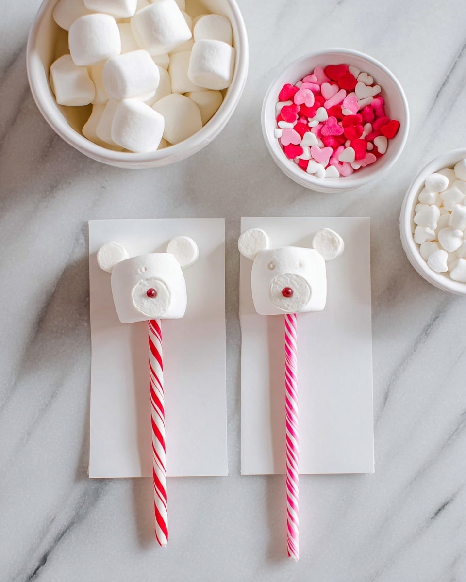 Two marshmallow bears are placed on white square papers with a striped stick inserted at the bottom of each bear. Each bear has a round white marshmallow forming the head with a smaller round marshmallow used as the nose in the center. Two smaller white marshmallow pieces are added on top for ears. The stick on the left has red and white diagonal stripes, while the stick on the right has pink and white diagonal stripes. Above the marshmallow bears, three white bowls rest on a white marbled surface; the left bowl contains large white marshmallows, the middle bowl holds pink, red, and white heart-shaped sprinkles, and the right bowl has small white marshmallows. Photo taken with an iphone --ar 4:5 --v 7