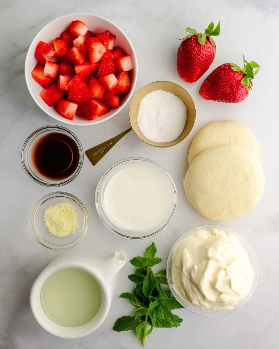 The image shows various ingredients arranged on a white marbled surface. There is a white bowl filled with small, diced bright red strawberries at the top left. To the right, two whole strawberries lie on the surface next to a gold half cup measuring cup filled with white sugar. Below the strawberries, a clear small bowl contains a light yellow powder, while another clear small bowl holds a dark brown liquid, likely vanilla. A larger white cup is filled with a creamy white liquid, positioned near two round dough discs wrapped in plastic. At the bottom right, a white bowl is filled with smooth, pale cream cheese or frosting. A small clear bowl with a light green liquid sits near a sprig of fresh green mint. The colors are fresh and inviting, set against the clean white marbled background. Photo taken with an iphone --ar 4:5 --v 7