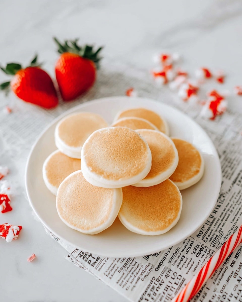 A stack of small, round pancakes is piled high on a white plate, each pancake a light golden brown with smooth, soft surfaces. Bright red syrup is drizzled casually over the top and sides of the pancakes, creating shiny, wet patches that contrast with the fluffy texture. In the background, fresh red strawberries with green tops sit on sheets of newspaper, adding a pop of color. The surface is a white marbled texture, and some red and white candy canes and small white and red sprinkles are scattered around, giving a festive feel. Photo taken with an iphone --ar 4:5 --v 7