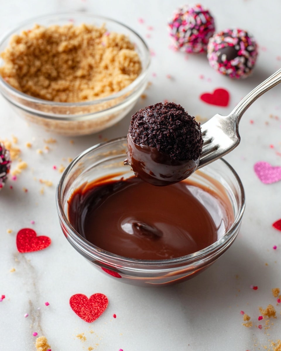 The image shows a single dark chocolate ball on a silver fork, being dipped into a clear glass bowl filled with smooth, melted milk chocolate, coating the ball halfway with a glossy layer. Behind this bowl, there is another clear glass bowl containing a light brown crumb mixture with red and white tiny sprinkles, with some chocolate balls already rolled in the crumbs around it. The scene is set on a white marbled surface decorated with small red and pink sparkly heart shapes scattered around, giving a festive and sweet feeling. photo taken with an iphone --ar 4:5 --v 7