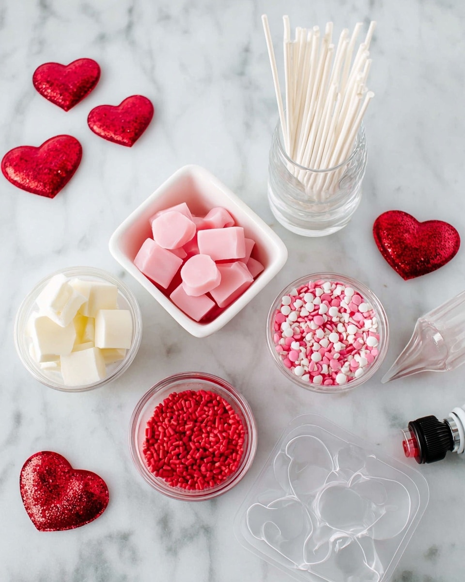 The image shows ingredients and tools for making treats on a white marbled surface. There are five main containers: one holds white cubes of solid, the second has smooth pink candy melts, the third contains smooth red candy melts, the fourth is filled with small red round sprinkles, and the fifth has a mix of tiny pink, white, and red heart-shaped and round sprinkles. Behind these containers, there is a small clear glass filled with white sticks standing upright. Scattered around on the surface are several small red glittery heart-shaped decorations. A clear plastic mold shaped like two large hearts and a small bottle with a black tip are placed near the bottom right of the image. The photo is taken with an iphone --ar 4:5 --v 7