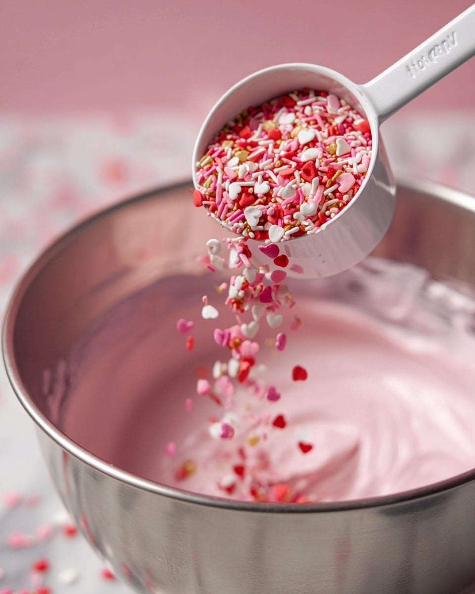 A close-up image shows a white measuring cup labeled 1/4 cup filled with small heart-shaped sprinkles in red, pink, and white colors, gently falling into a mixing bowl with light pink creamy mixture inside. The bowl appears silver metal but is placed on a white marbled surface with some pink color reflecting softly. The background is blurred with a soft pink tone. Photo taken with an iphone --ar 4:5 --v 7