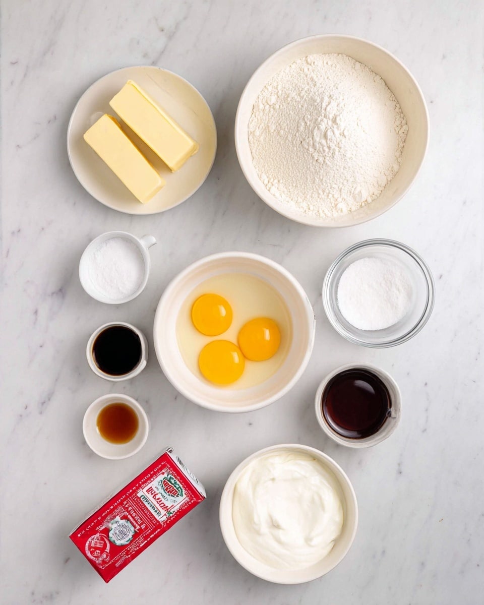 The image shows various baking ingredients neatly arranged on a white marbled surface. There are two sticks of yellow butter placed on the top left, and a white bowl filled with light beige flour positioned on the top right. Below the butter, a small wooden bowl contains white salt and baking powder. Near the center, a white bowl holds four raw yellow eggs with clear whites. To the right of the eggs is a clear glass bowl stacked with white granulated sugar. Near the bottom are three small white bowls with a dark brown liquid, a light brown liquid, and white milk. Next to the milk bowl, a white bowl contains thick white cream or yogurt. At the bottom left, a red box of Jello is visible, and beside it is a small glass bottle of red food color. The arrangement is simple and clean, with each ingredient clearly visible and separated. photo taken with an iphone --ar 4:5 --v 7