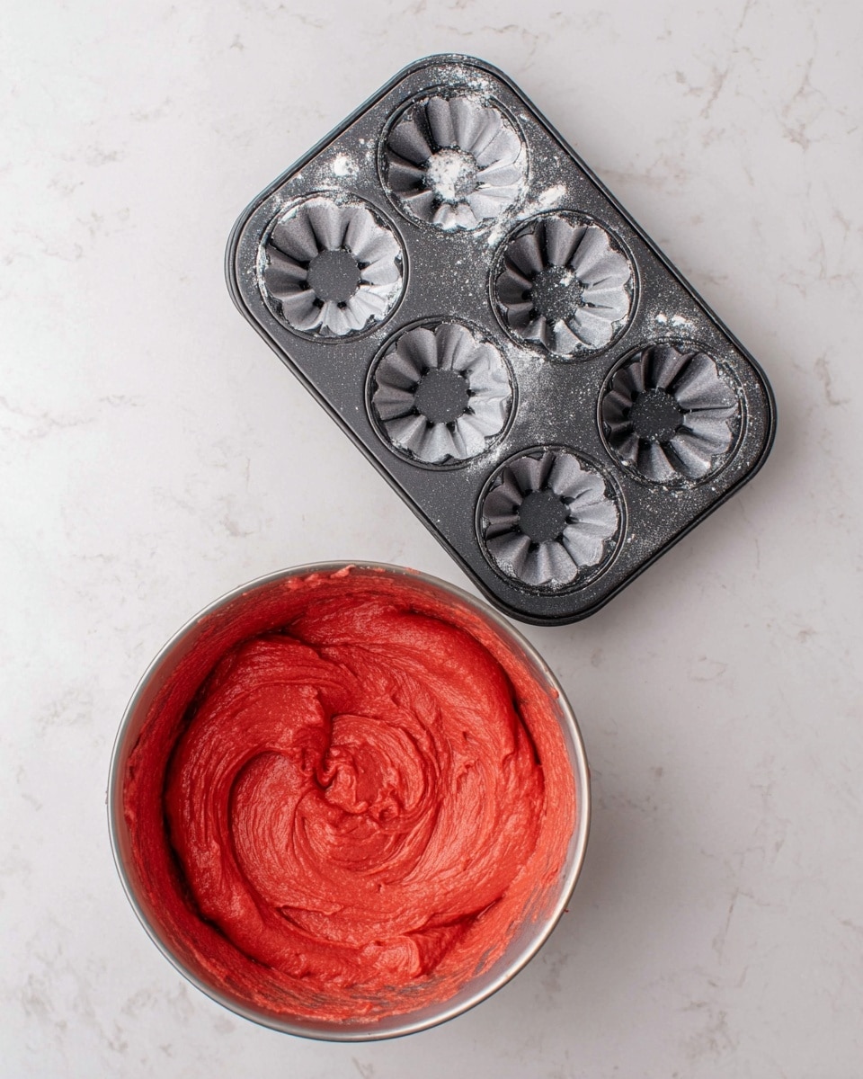 The image shows a top-down view of a baking setup on a white marbled surface. There is a floured dark metal bundt cake pan with six flower-shaped molds in the upper right part of the image. Below it is a metal mixing bowl filled with smooth, thick, bright red batter. The batter has a swirled texture and fills most of the bowl. The floured pan and the batter bowl are placed close to each other, indicating preparation for baking. photo taken with an iphone --ar 4:5 --v 7