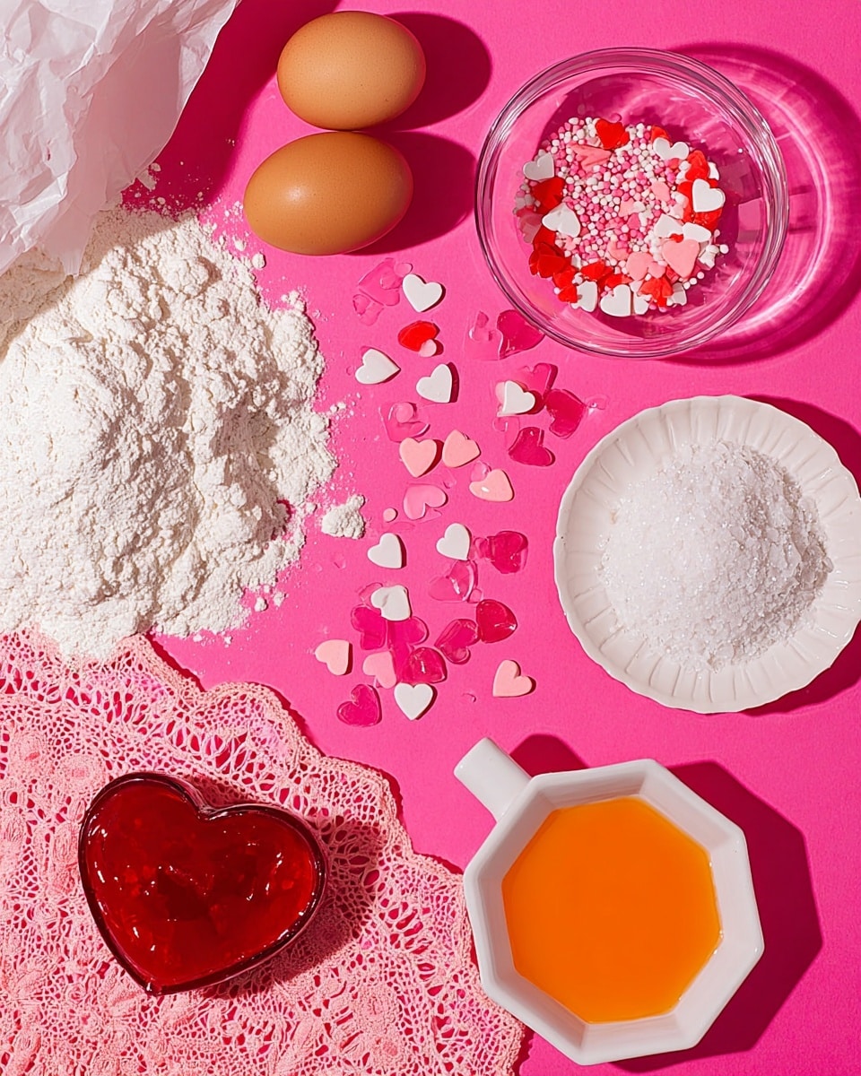The image shows a flat lay of baking ingredients on a bright pink background. On the left, white flour spills from a torn white bag, creating a textured pile. Near the top left, two brown eggs sit in a white bowl. In the center, a transparent glass bowl holds red and pink heart-shaped sprinkles, with small white, red, and pink pieces scattered around it. To the right, a white plate holds a mound of powdered sugar, and below it, a white octagonal dish contains a thick, shiny red heart-shaped sauce or jelly. At the bottom, a white measuring cup filled with orange liquid sits on a pink, heart-shaped lace doily. The scene is vibrant and colorful, with a playful, romantic theme. photo taken with an iphone --ar 4:5 --v 7