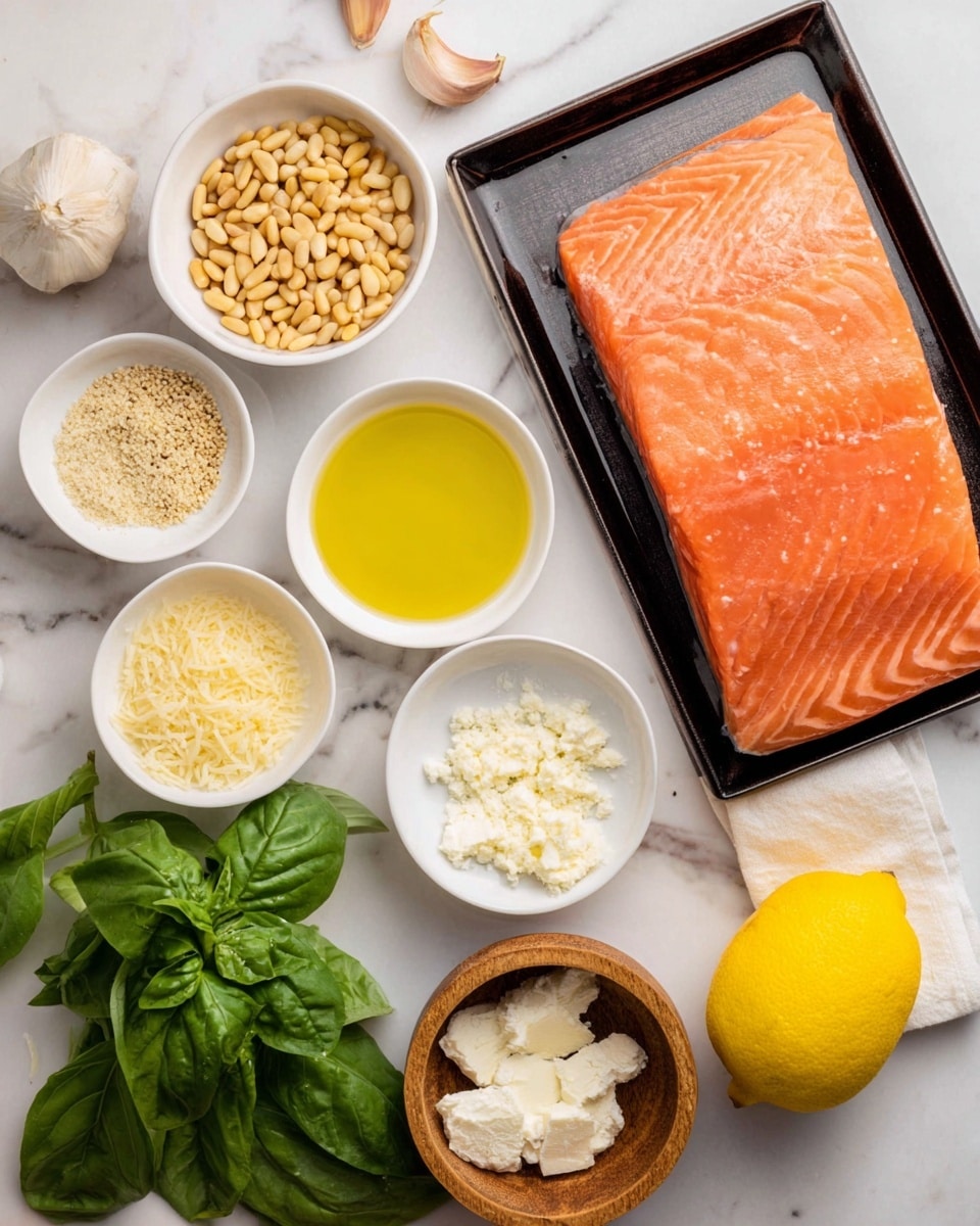 The image shows a large piece of orange salmon placed on a black tray at the top right, set on a white marbled surface. Below and around it are small white bowls and wooden containers filled with various ingredients: pale yellow pine nuts in a white bowl at the center, light yellow olive oil in a white bowl to the right, white and beige powders mixed in a small white bowl above the pine nuts, garlic cloves in a white bowl at bottom left, light yellow grated cheese in a wooden bowl at bottom right, and a round wooden bowl with a white crumbly cheese near the bottom left. Fresh green basil leaves are near the center bottom, and a whole bright yellow lemon is placed next to the salmon on the right side. The whole setting is bright with soft natural light, and everything is neatly arranged. Photo taken with an iphone --ar 4:5 --v 7