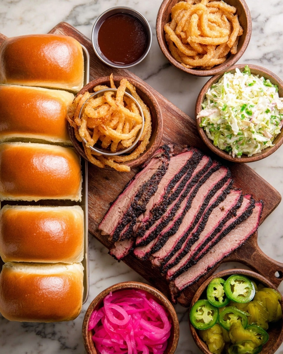 The image shows a wooden board with thick slices of dark-edged smoked brisket laid out in a row on the bottom right, showing a pink inner layer and moist texture. To the left are five golden brown sandwich rolls with a soft crust. At the top left is a small silver container filled with dark brown barbecue sauce. Around the brisket and rolls are five small wooden bowls: the top right bowl holds creamy, white coleslaw with bits of carrot; the bowl just below it contains crispy golden fried onions with a small round fried item on top; the bottom right bowl is filled with sliced fresh green jalapeños; the bottom left bowl is full of bright pink pickled onions; and next to it is a small silver dish with green pickles. The whole setup is placed on a white marbled surface. Photo taken with an iphone --ar 4:5 --v 7