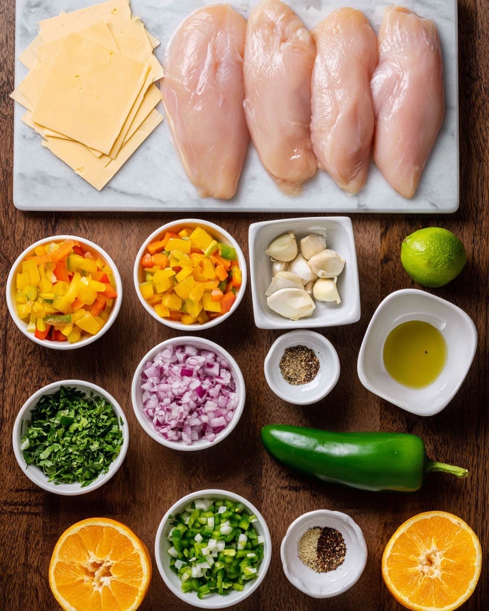 The image shows four raw chicken fillets placed side by side in a white rectangular tray at the top center. Below them, there are small white bowls with chopped orange bell peppers, yellow bell peppers, green jalapeno pieces, diced red onions, and chopped green herbs, each filling separate bowls spread evenly across the lower half of the image. There is a single green jalapeno pepper lying horizontally in the middle. A square white dish holds peeled garlic cloves next to a white bowl containing light green olive oil. A small plate with mixed dry spices including black pepper, chili flakes, salt, paprika, and cumin is near the center. On the left side, slices of light yellow pepper jack cheese are neatly stacked next to a small speckled bowl of minced garlic. Two halves of fresh orange and a whole lime are positioned around the ingredients. The entire setup sits on a dark wooden table with a white marbled background visible at the edges. Photo taken with an iphone --ar 4:5 --v 7