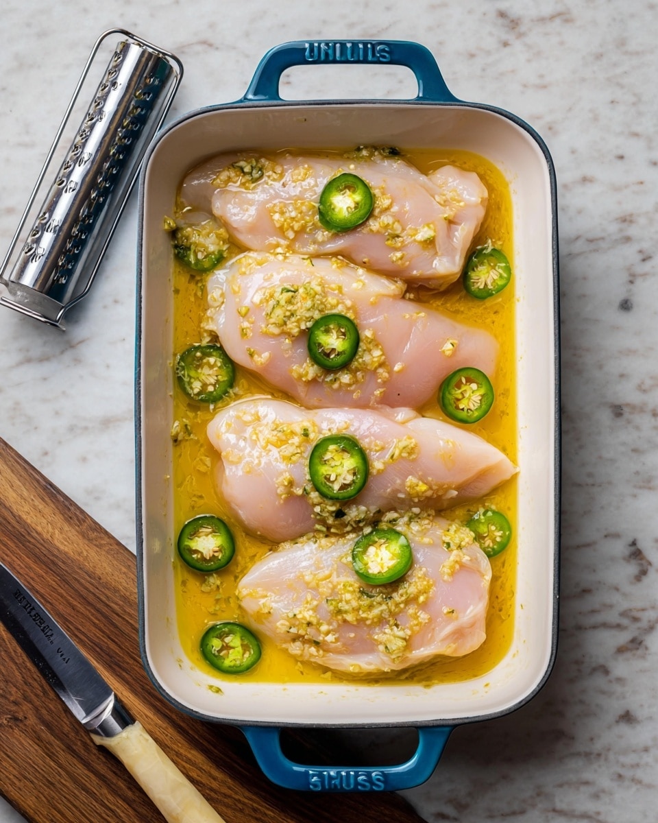 In a white ceramic baking dish with blue handles, there are four raw, pale pink chicken breasts placed in one layer, partially covered by a thick yellow marinade with minced garlic. Green jalapeño slices with seeds are scattered on and around the chicken, adding a pop of color. The dish sits on a white marbled texture surface, with a metal garlic press visible at the top left and a knife with a light wooden handle at the bottom left. The scene is well lit, showing the fresh and simple ingredients clearly photo taken with an iphone --ar 4:5 --v 7
