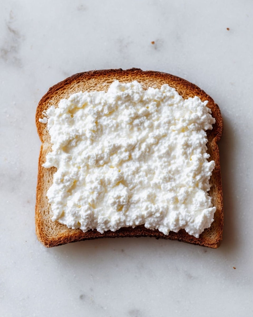 A single slice of brown toasted bread lies flat on a white marbled surface, topped evenly with a thick layer of white cottage cheese, which has a bumpy and soft texture covering the entire top of the bread. The toast's crust is lightly browned, and the white cottage cheese layer contrasts against the darker tones of the bread below it. Photo taken with an iphone --ar 4:5 --v 7