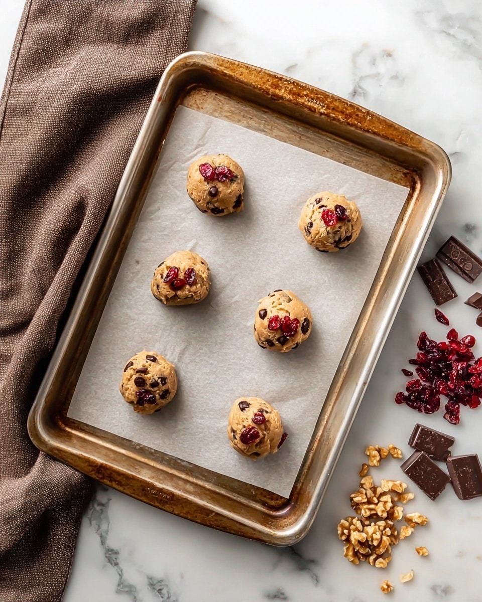 A baking tray lined with parchment paper holds six evenly spaced cookie dough balls, each light brown with visible tiny dark chocolate bits and topped with a few bright red dried cranberries. To the right side on the white marbled surface, there are small piles of red dried cranberries, walnut pieces, and chunks of dark brown chocolate scattered. On the left, a brown cloth is casually folded on the white marbled surface. Photo taken with an iphone --ar 4:5 --v 7