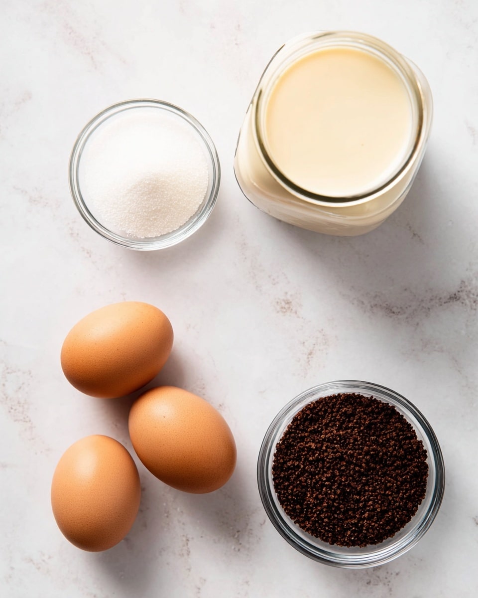 The image shows a white marbled surface with five brown eggs grouped at the bottom left. Above the eggs, there is a clear glass bowl filled with white granulated sugar. To the right of the sugar bowl, there is another clear glass bowl containing dark brown coffee granules. At the top of the image, near the center, there is an open clear jar filled with a creamy beige liquid. The setup is simple and clean. photo taken with an iphone --ar 4:5 --v 7