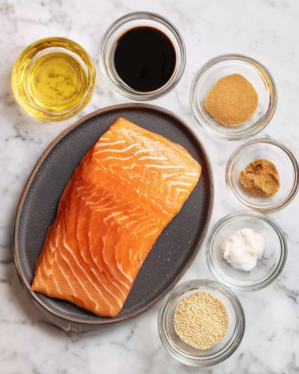 A large piece of bright orange salmon fillet with visible stripes of white fat rests on a round dark gray plate placed on a white marbled surface. Below it, seven small clear glass bowls and one small light brown bowl are arranged in three rows: the top row has golden yellow liquid and dark soy sauce; the middle row holds light brown soft brown sugar and white powder; the bottom row shows light clear liquid, minced pale yellow garlic, and toasted beige sesame seeds in the small brown bowl. The scene is bright and clean, highlighting the fresh ingredients. photo taken with an iphone --ar 4:5 --v 7
