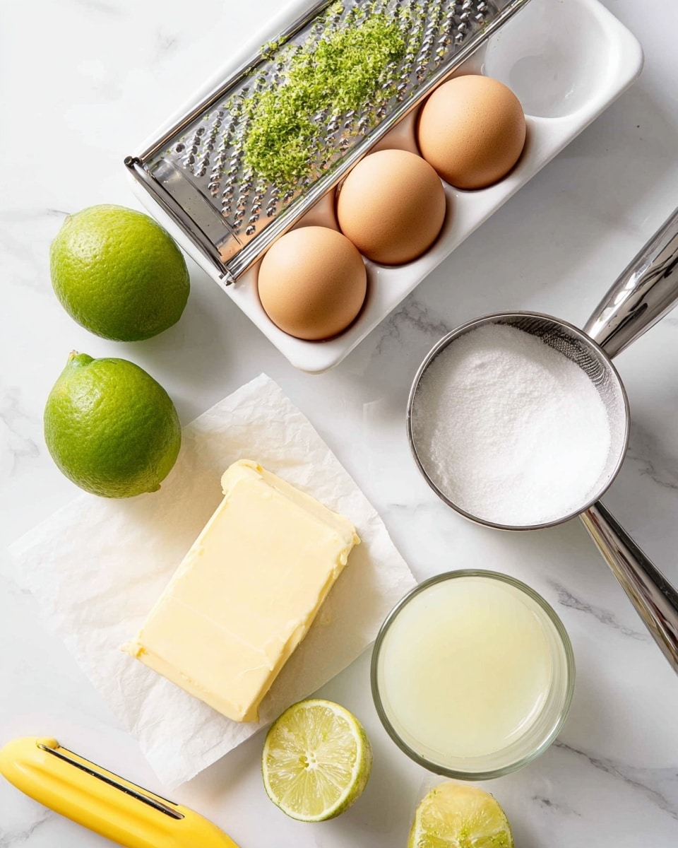 The image shows a white egg tray holding four light brown eggs with a thin metal grater laid over them, covered with finely grated green lime zest. To the side, there are two whole green limes and one half lime showing its juicy interior. Below the eggs, a thick, pale yellow square block of butter rests on a small piece of parchment paper. Next to the butter, a metal measuring cup filled almost to the top with white sugar sits beside a clear glass containing pale yellow lime juice. A yellow lime squeezer and a squeezed lime half are placed near the bottom edge, all arranged on a white marbled surface. Photo taken with an iphone --ar 4:5 --v 7