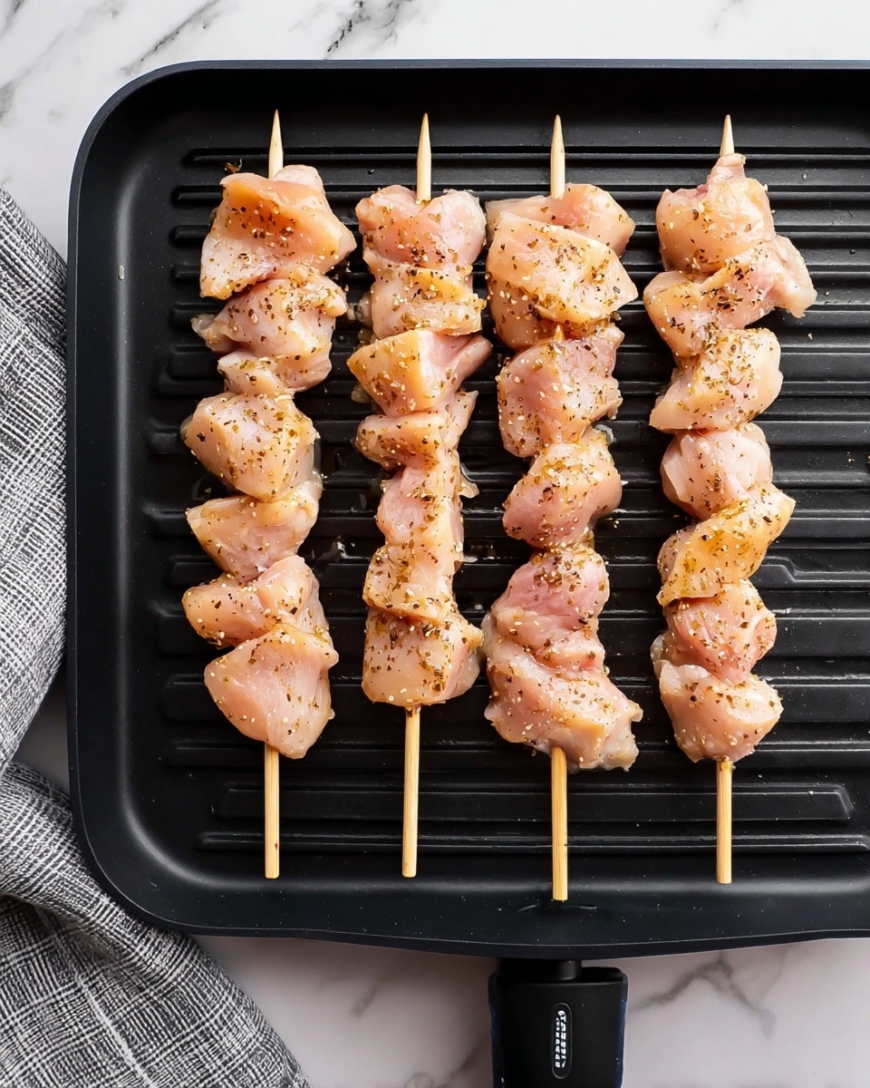 Five wooden skewers each hold several pieces of seasoned, raw chicken with a pale pink color and specks of black pepper, arranged vertically on a black grill pan with raised lines. The chicken pieces are thick and irregularly shaped, spaced closely along each skewer. The grill pan rests on a surface with a white marbled texture, next to a gray and white checkered cloth on the left side. The scene is bright and clear, showing the fresh texture of the chicken and grill pan details. photo taken with an iphone --ar 4:5 --v 7