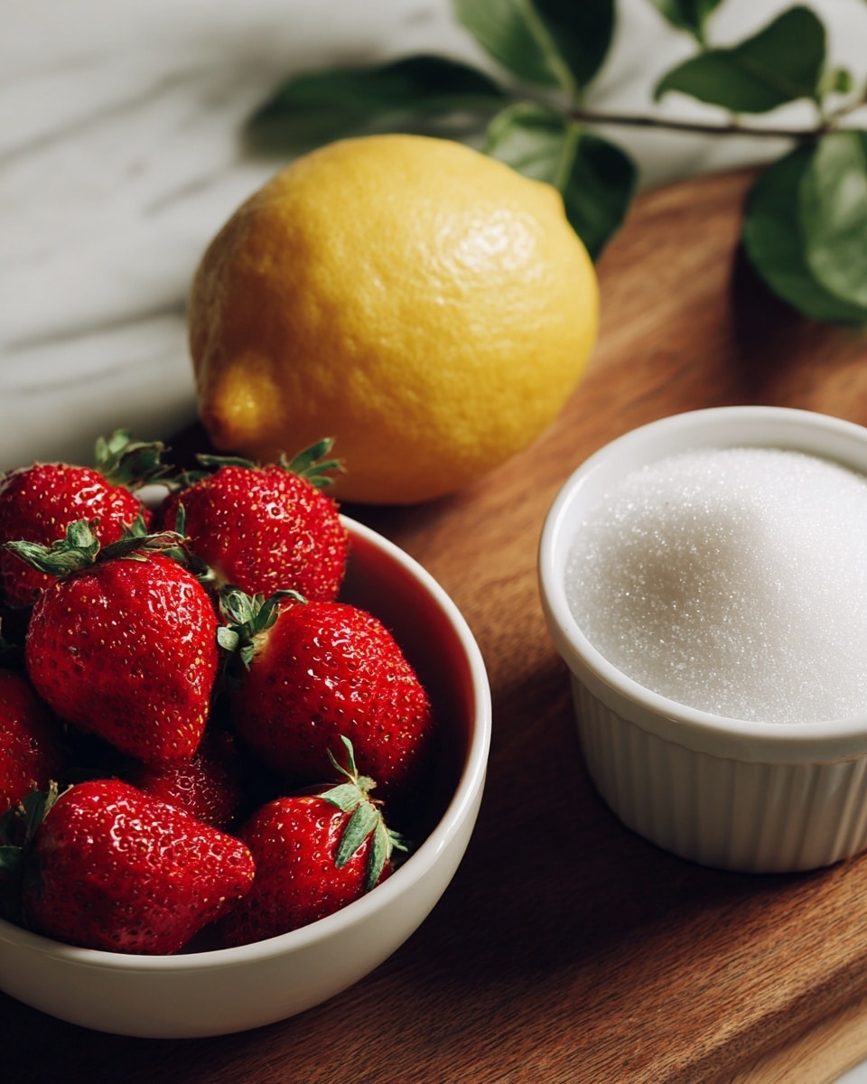 A close-up image shows a white bowl filled with fresh red strawberries with green leaves, sitting next to a white bowl filled with white sugar. Above the sugar bowl, there is a whole yellow lemon resting on a brown wooden surface. The background is a white marbled texture. photo taken with an iphone --ar 4:5 --v 7