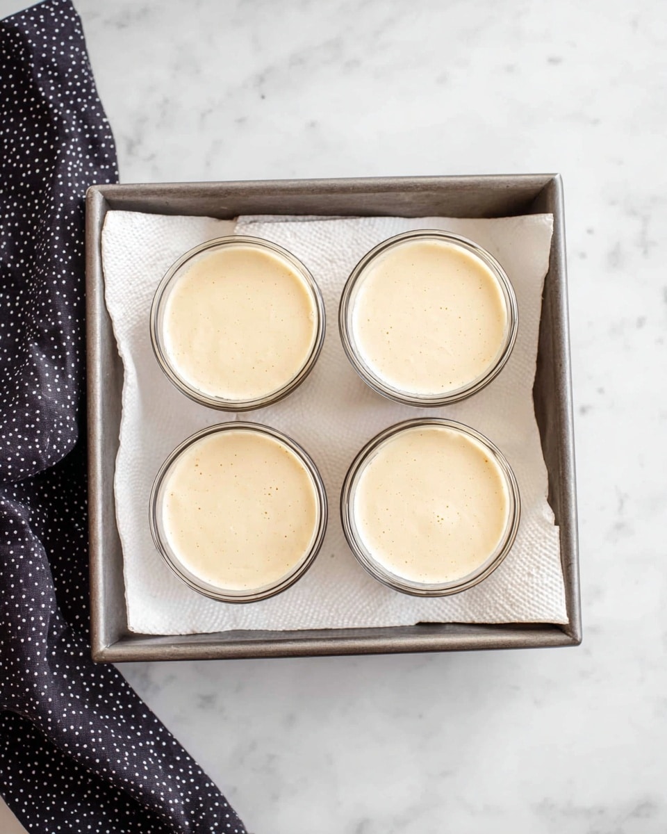 The image shows a metal square pan containing four small clear glass containers filled with a smooth, creamy, light beige mixture. Each container is placed on top of a folded white textured paper towel that lines the bottom of the pan. The pan and containers are sitting on a white marbled surface, and a dark cloth with small white dots is partially visible on the left side of the image. photo taken with an iphone --ar 4:5 --v 7