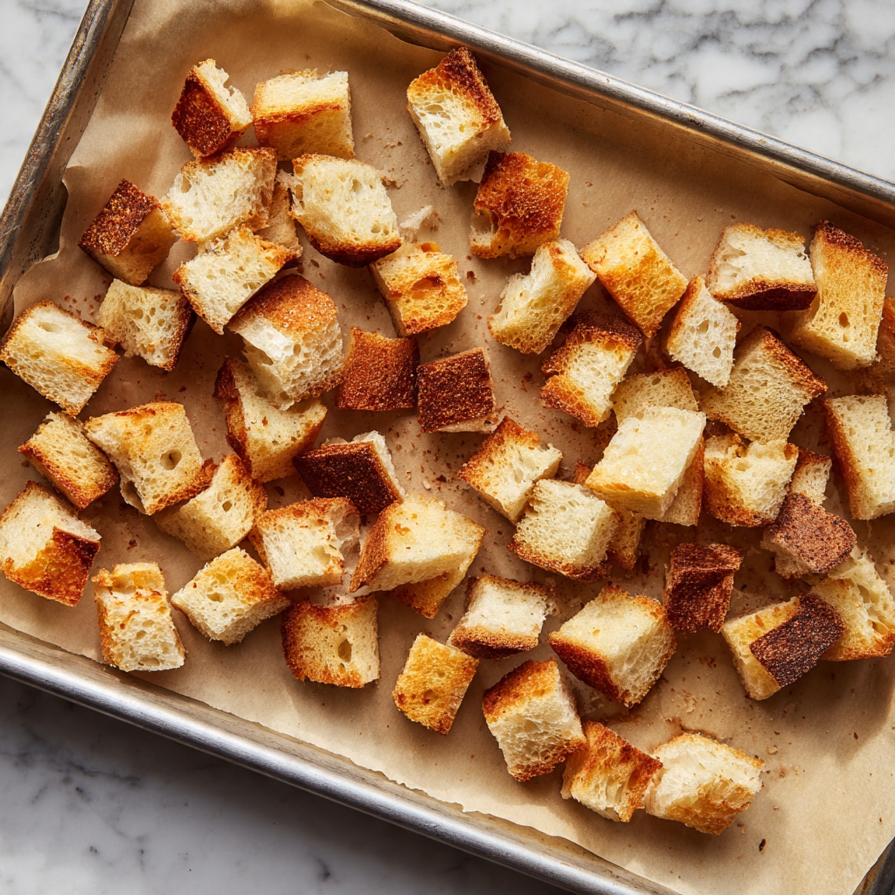 A metal baking tray lined with light brown parchment paper holds many small pieces of toasted bread scattered evenly. The bread pieces are mostly square or rectangular, with a mix of golden brown crusts and soft, lighter inner parts showing a slightly rough texture. Some pieces have darker golden patches, indicating roasting, while others show a lightly toasted color. The tray sits on a white marbled surface, adding a clean, bright background to the image. photo taken with an iphone --ar 4:5 --v 7