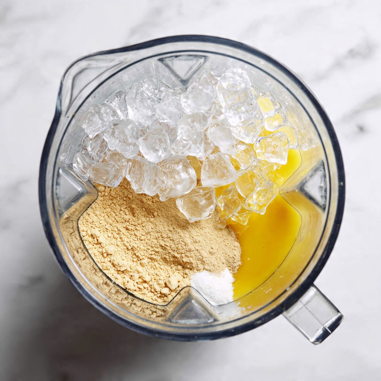 The image shows a clear blender jar from above, filled with layers of ingredients before blending. At the bottom, there is a light beige powder covering one side, a bright yellow liquid with a thick texture on the adjacent side, and a small amount of white creamy substance near the yellow layer. On top of these layers is a large pile of small, clear ice cubes with a glossy texture, nearly filling the jar. The blender is placed on a white marbled surface. photo taken with an iphone --ar 4:5 --v 7