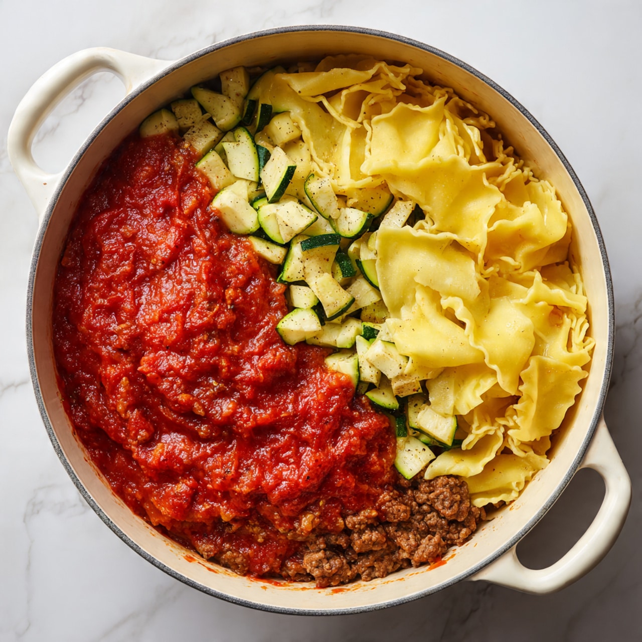A white pot filled with layers of chopped pale green zucchini pieces and cooked ground meat at the bottom, topped with a thick and smooth red tomato sauce spread evenly on one side, while torn bright yellow pasta sheets cover more than half the pot on the other side, showing a mix of flat and jagged edges. The pot has two handles visible, and it is placed on a white marbled surface. Photo taken with an iphone --ar 4:5 --v 7