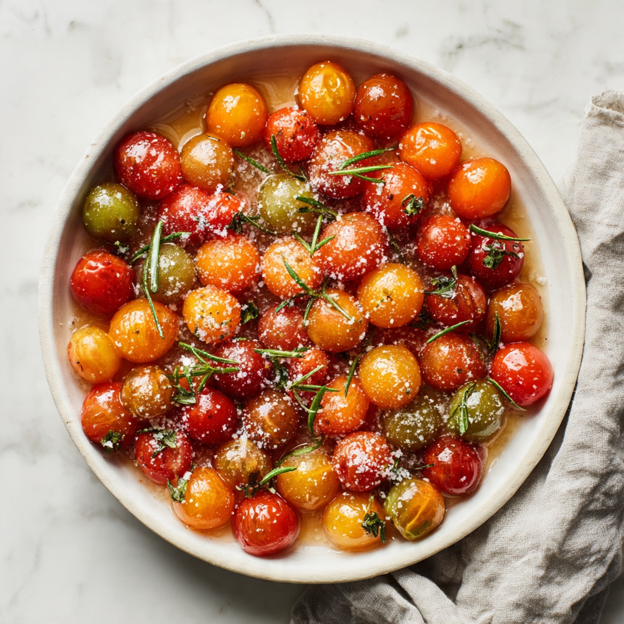 The image shows a wooden cutting board placed on a white marbled surface, with two slices of toasted bread at the bottom, golden-brown with a slightly crispy texture and some holes visible. At the top right of the board, there are two avocado halves, bright green with smooth, creamy flesh. To the left of the avocado, there is a small white bowl filled with yellow olive oil with a few black specks floating in it. Above the bowl, a white bowl contains chopped green herbs. To the upper left of the board, a white bowl holds a mix of yellow, orange, red, and brown cherry tomatoes with shiny skins. A light gray cloth with a wooden spoon partially visible lies on the upper right corner near the avocado. The photo taken with an iphone --ar 4:5 --v 7