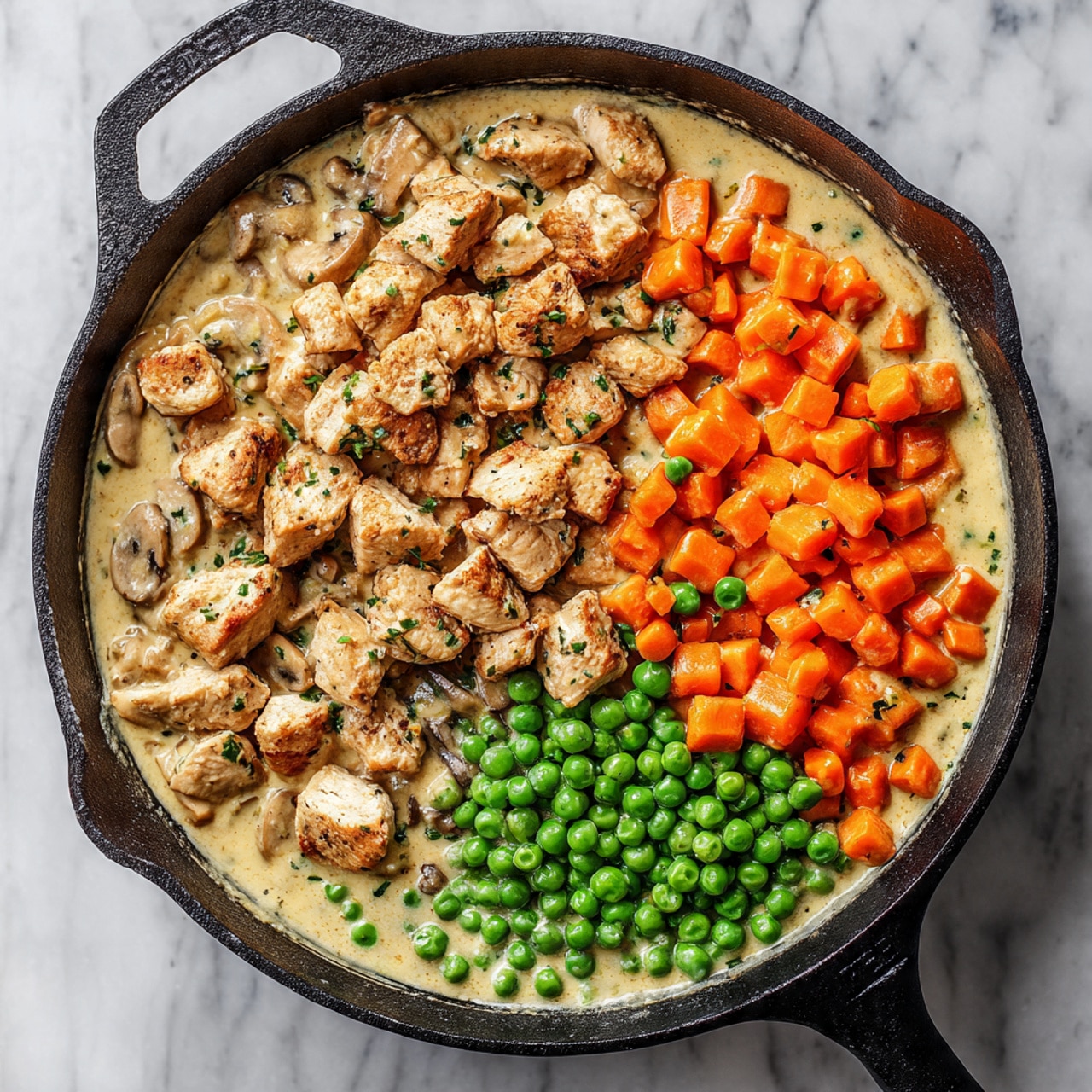 A black cast iron skillet sits on a white marbled surface, filled with a creamy light beige sauce. On one side of the skillet, there is a layer of small beige pieces of cooked chicken, slightly uneven in size. Beside the chicken, there are vibrant green peas and bright orange carrot cubes clustered together. The creamy sauce surrounding these ingredients looks smooth with small bits of mushrooms visible. photo taken with an iphone --ar 4:5 --v 7