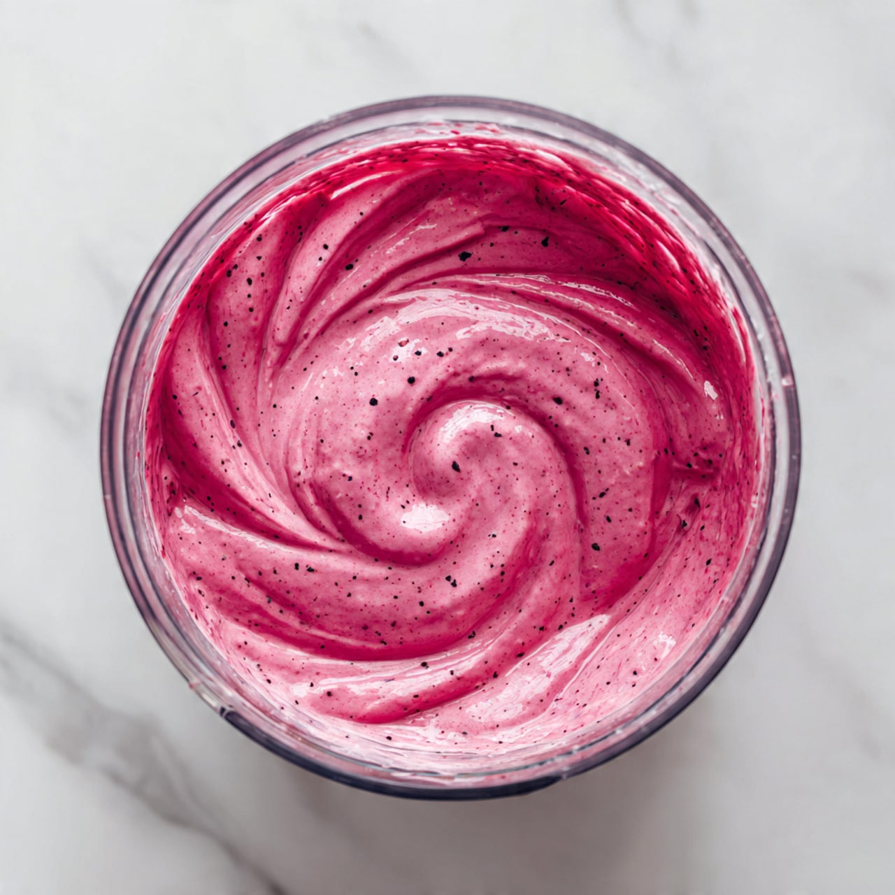 A clear blender bowl filled with a bright pink, smooth creamy mixture with small black specks scattered throughout. The mixture is swirled in thick waves inside the blender, showing a rich and velvety texture. The blender sits on a white marbled surface, and the photo is taken from above, capturing the round shape and clear edges of the blender. photo taken with an iphone --ar 4:5 --v 7