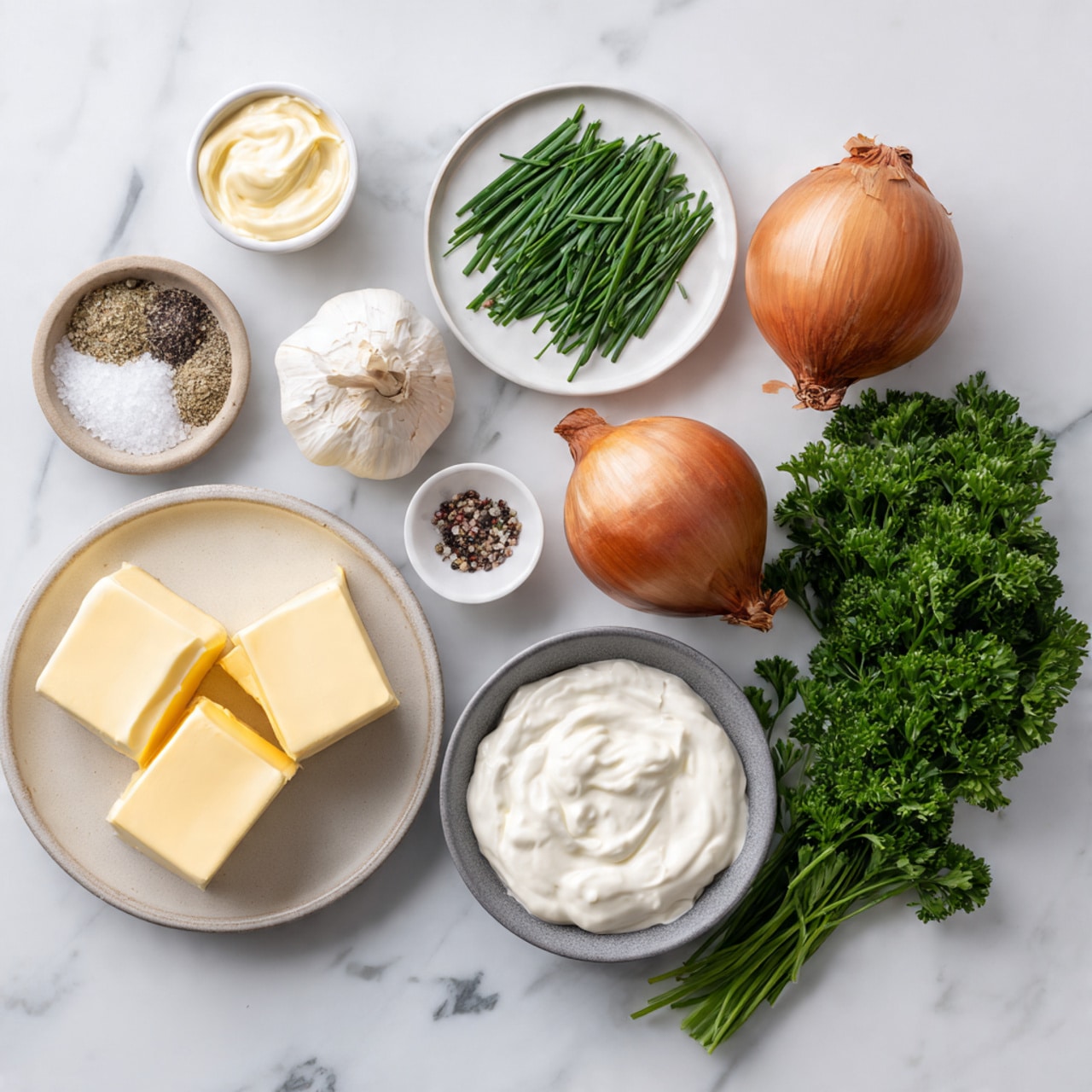 The image shows ingredients placed neatly on a white marbled surface. There are two whole brown onions in the center-right, with a small white plate of fresh green chives to their right. Below the onions, a bunch of parsley with dark green leaves lies spread out. On the left side, a garlic bulb and a small round dish with salt and black pepper are placed. At the top left, a small white bowl holds creamy mayonnaise. Next to it, a white plate has two yellow blocks of butter. On the top right, a gray bowl is filled with smooth white sour cream. Each ingredient is labeled clearly in black text on white background. Photo taken with an iphone --ar 4:5 --v 7