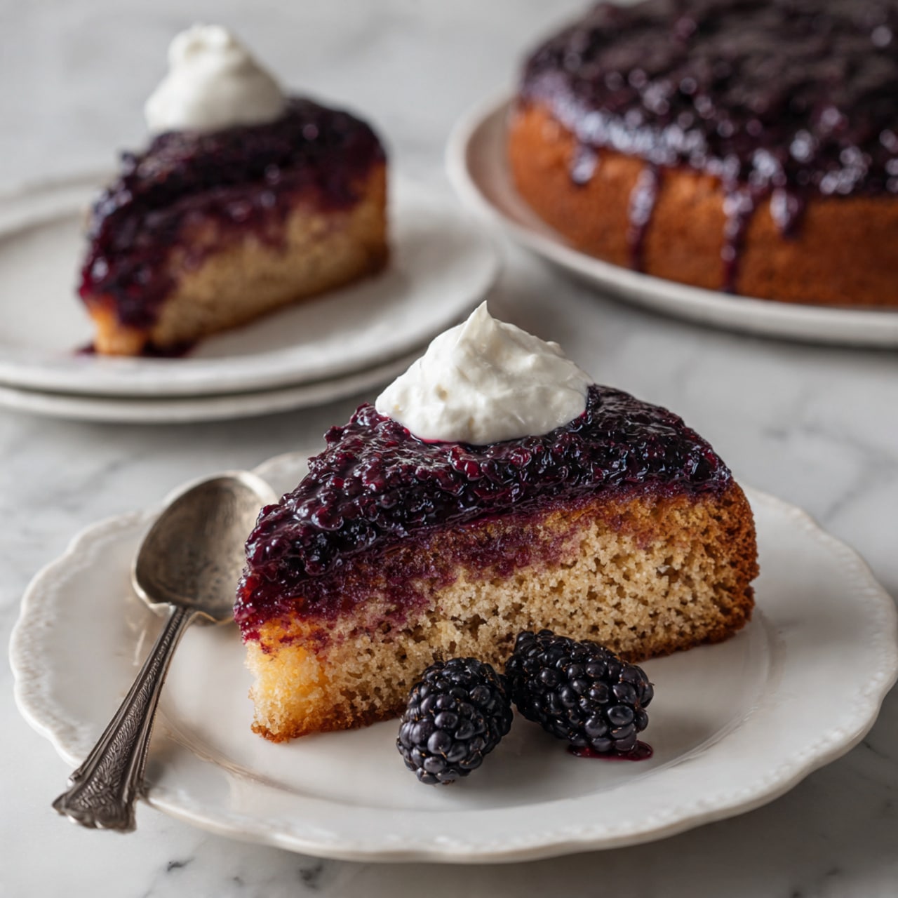 A round white bowl filled with two main layers is shown from above; the bottom layer is a thick base of dark purple-black blackberries covering the entire bowl evenly, while on top, there are two dollops of light beige creamy mixture placed side by side near the center, with a smooth and soft texture and some small air holes. The bowl is placed on a white marbled surface photo taken with an iphone --ar 4:5 --v 7