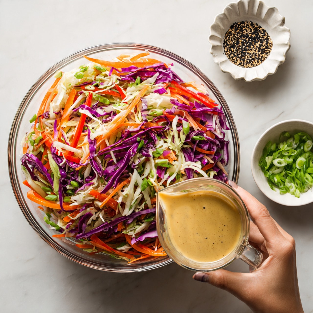 A large clear glass bowl filled with shredded vegetables including purple cabbage, white cabbage, orange carrot strips, and thin red bell pepper slices, showing a mix of bright purple, white, orange, and red colors with some green herbs and sliced green onions mixed in. A woman's hand with softly polished nails is pouring a light tan creamy dressing from a transparent small pitcher onto the vegetables in the bowl. To the right of the bowl, there is a small white bowl filled with sliced green onions and a small scalloped white dish holding black sesame seeds. The whole scene is set on a white marbled surface. Photo taken with an iphone --ar 4:5 --v 7