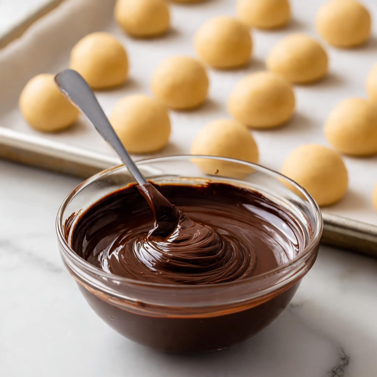 A clear glass bowl filled with shiny, smooth, dark brown melted chocolate sits on a white marbled surface. A gray spoon rests inside the bowl, coated with the thick chocolate, creating a swirl texture on the surface. In the background, a white baking tray is lined with parchment paper and holds neat rows of round light brown dough balls evenly spaced apart. The scene has soft lighting that highlights the creamy texture of the chocolate and the matte texture of the dough balls. photo taken with an iphone --ar 4:5 --v 7