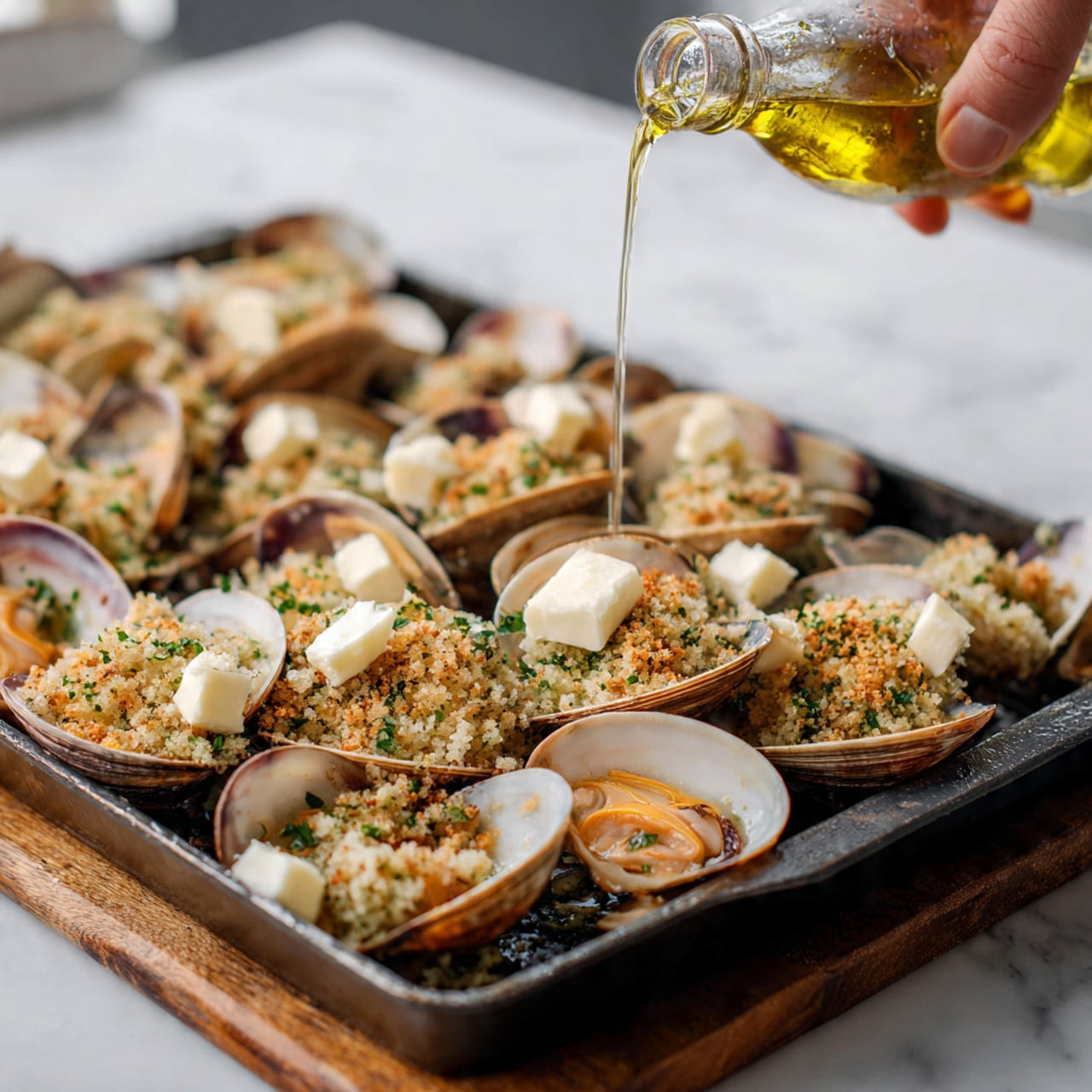 A clear glass bowl filled with crumbly mixture made of small green herb pieces and light beige crumbs is held by two woman's hands, one on each side of the bowl. The bowl sits on a white marbled surface, creating a clean background. One woman's hand is lightly stirring the mixture with a small spoon, showing texture and some scattered herbs and crumbs around. Photo taken with an iphone --ar 4:5 --v 7