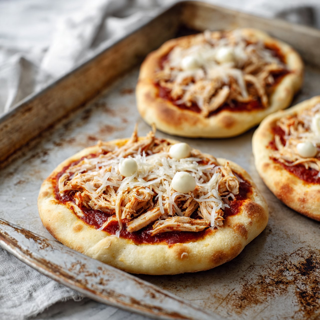 The image shows two small, uncooked pizzas on a worn silver baking tray. Each pizza has a thick crust with a layer of dark red sauce spread evenly inside the crust edge. On top of the sauce, there are pieces of shredded light beige chicken distributed across each pizza. Scattered among the chicken are small, round white cheese balls. The background is a white marbled texture. Photo taken with an iphone --ar 4:5 --v 7