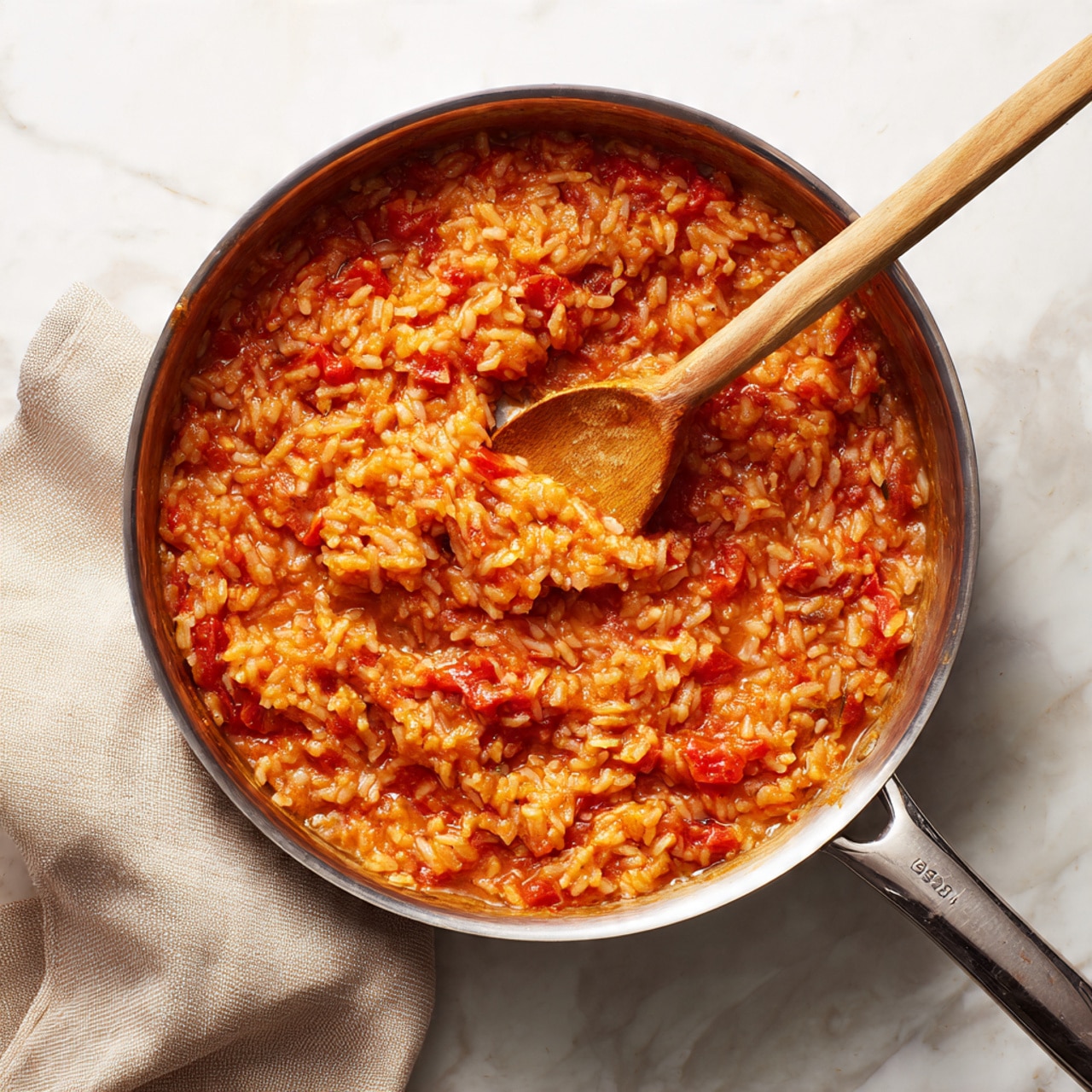 A silver pan filled with a thick mix of cooked rice and red tomato sauce with visible small chunks, stirred with a light wooden spoon that is partially inside the pan, resting on a white marbled surface. A beige cloth is placed to the left side of the pan. The rice mixture has a soft, slightly sticky texture with a deep orange-red color, and bits of tomatoes are scattered throughout. Photo taken with an iphone --ar 4:5 --v 7